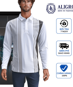 áo Polo Dài Tay Nam, áo Thun Dài Tay Aligro Có Cổ Họa Tiết Trắng Kẻ Sọc, Co Giãn Cao Cấp, Vải Mềm Mịn Thoáng Mát Algapd067