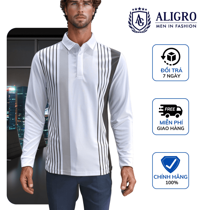 áo Polo Dài Tay Nam, áo Thun Dài Tay Aligro Có Cổ Họa Tiết Trắng Kẻ Sọc, Co Giãn Cao Cấp, Vải Mềm Mịn Thoáng Mát Algapd067