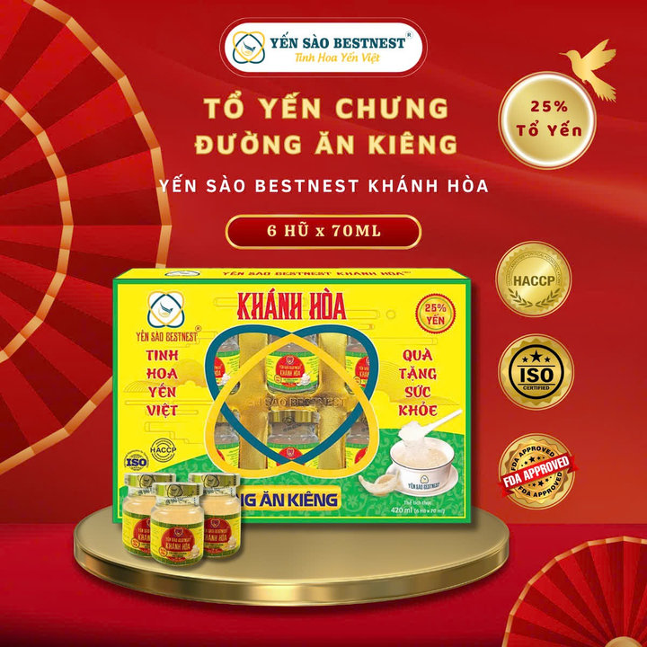 Yến Sào Bestnest Khánh Hoà – Tổ Yến Chưng Sẵn đường ăn Kiêng 25% (hộp 6 Hũ X 70ml)