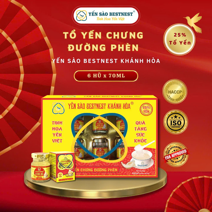 Yến Sào Bestnest Khánh Hoà – Tổ Yến Chưng Sẵn đường Phèn 25% (hộp 6 Hũ X 70ml)