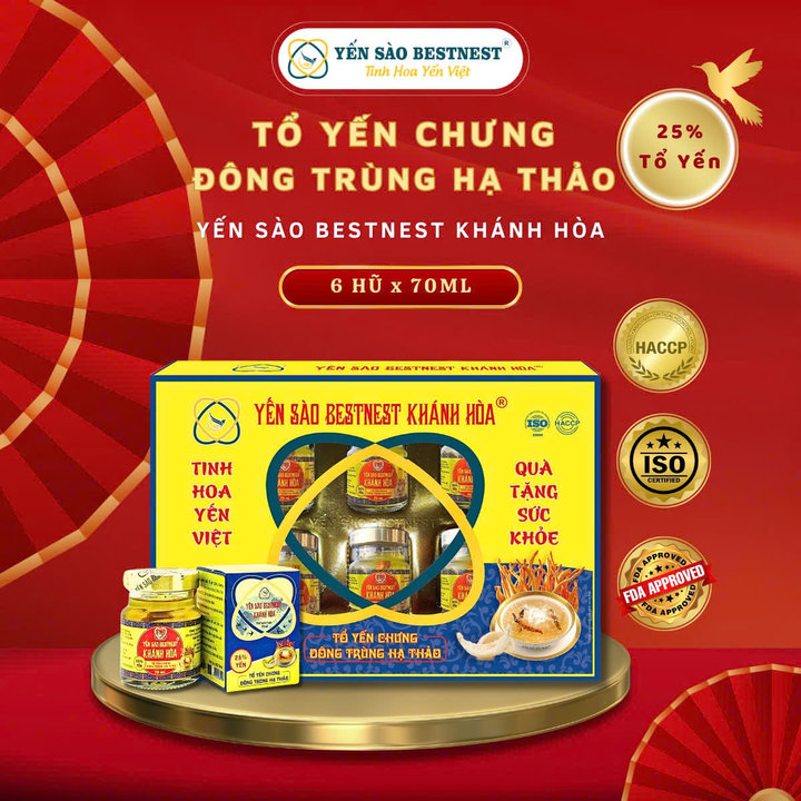 Yến Sào Bestnest Khánh Hoà – Tổ Yến Chưng Sẵn đông Trùng Hạ Thảo 25% (hộp 6 Hũ X 70ml)