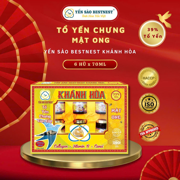 Yến Sào Bestnest Khánh Hoà – Tổ Yến Chưng Sẵn Mật Ong 39% (hộp 6 Hũ X 70ml)