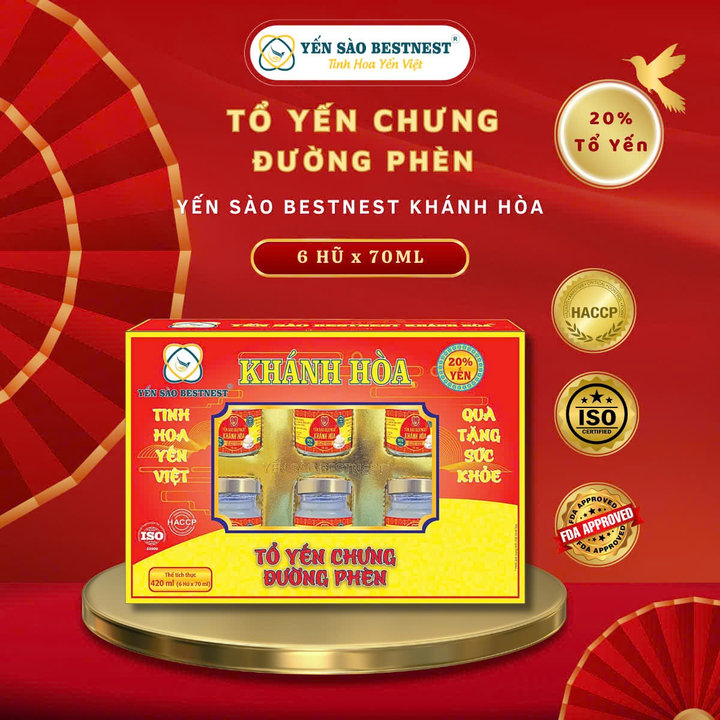 Yến Sào Bestnest Khánh Hoà – Tổ Yến Chưng Sẵn đường Phèn 20% (hộp 6 Hũ X 70ml)