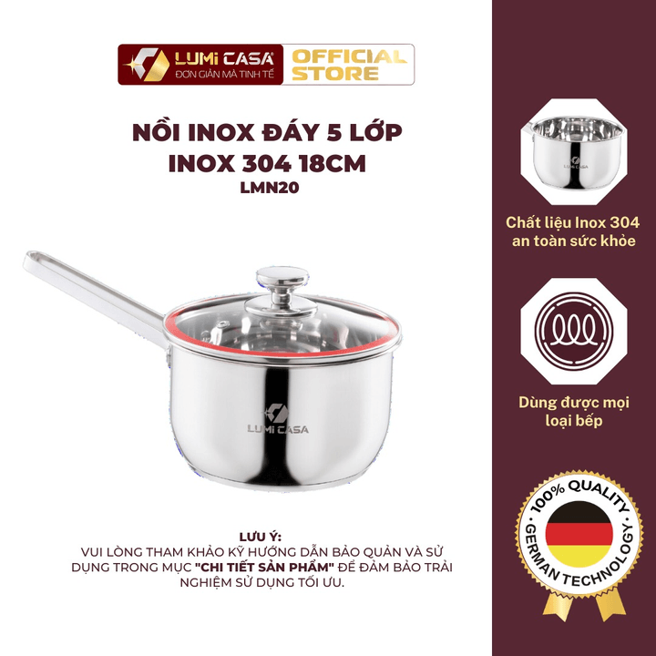 Nồi Inox 304 đáy 5 Lớp Lumicasa 18cm Công Nghệ đức – Chất Lượng Cao, An Toàn Cho Sức Khỏe