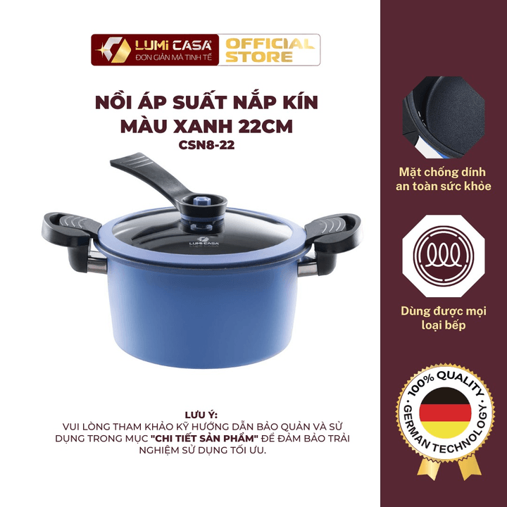 Nồi áp Suất Thép Carbon 22cm Nắp Kín Màu Xanh Lumi Casa Công Nghệ đức – Chống Dính Cao Cấp, An Toàn Cho Sức Khỏe
