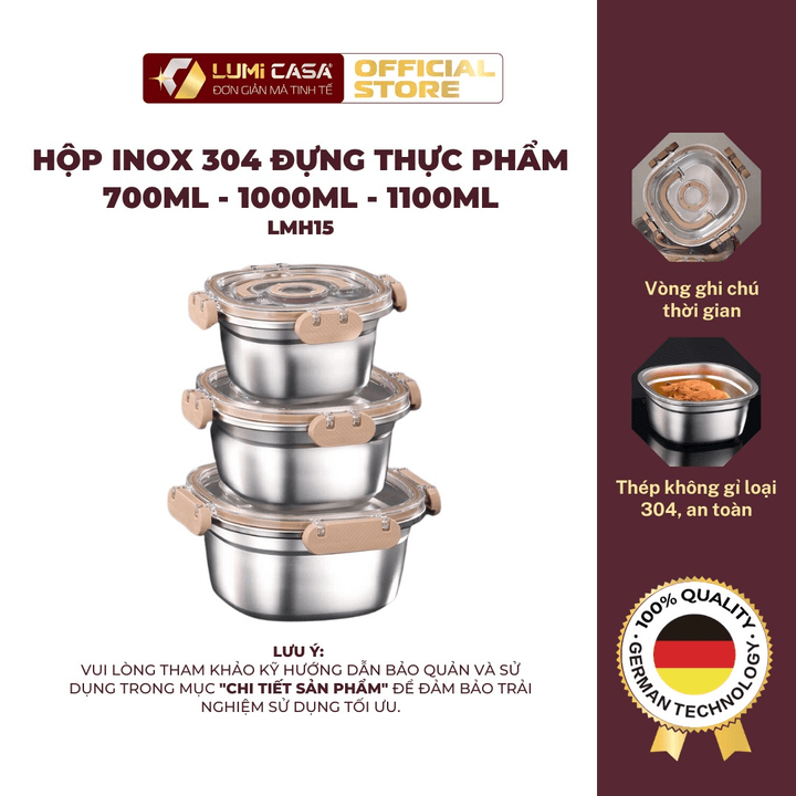 Hộp đựng Thực Phẩm Inox 304 Lumi Casa – Công Nghệ đức (700ml, 1000ml, 1100ml)