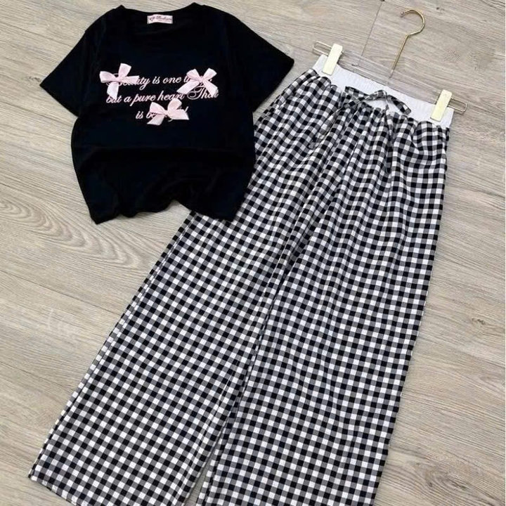 Sét Bộ Quần Kẻ Caro Mini Mẫu Mới ống Rộng+ Mix áo Croptop Chất Tăm Hàn Lạnh Form Ngắn Co Dãn- Chữ Beautiful