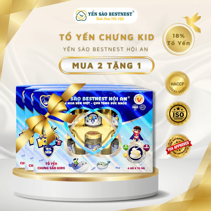 [mua 2 Tặng 1] Yến Sào Bestnest Hội An – Tổ Yến Chưng Sẵn Kid’s 18% – Hộp Quà 6 Hũ X 70ml