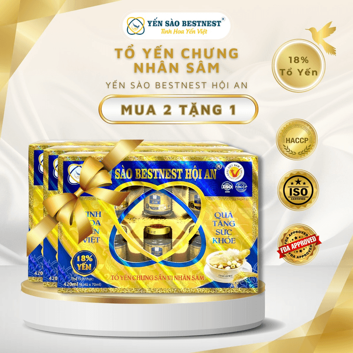 [mua 2 Tặng 1] Yến Sào Bestnest Hội An – Tổ Yến Chưng Sẵn Nhân Sâm 18% – Hộp Quà 6 Hũ X 70ml