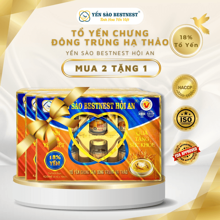 [mua 2 Tặng 1] Yến Sào Bestnest Hội An – Tổ Yến Chưng Sẵn đông Trùng Hạ Thảo 18% – Hộp Quà 6 Hũ X 70ml