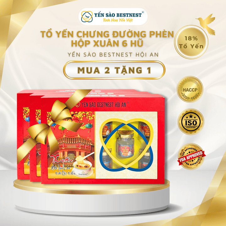 [mua 2 Tặng 1] Yến Sào Bestnest Hội An – Tổ Yến Chưng Sẵn đường Phèn 18% – Hộp Xuân 6 Hũ X 70ml