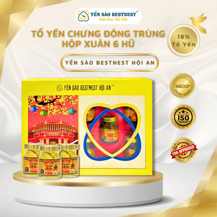 [mua 2 Tặng 1] Yến Sào Bestnest Hội An – Tổ Yến Chưng Sẵn đông Trùng Hạ Thảo 18% – Hộp Xuân 6 Hũ X 70ml