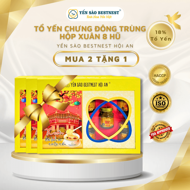 [mua 2 Tặng 1] Yến Sào Bestnest Hội An – Tổ Yến Chưng Sẵn đông Trùng 18% – Hộp Xuân 8 Hũ X 70ml