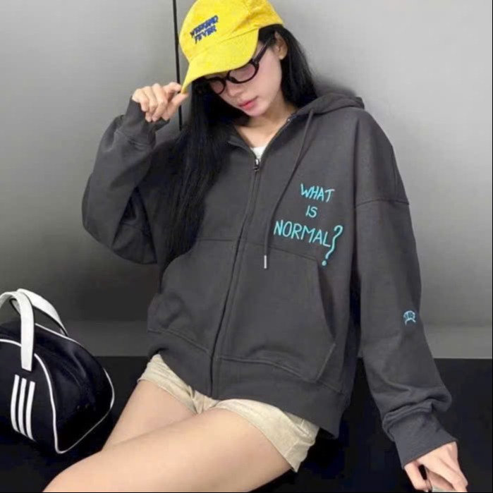 áo Hoodie Zip Thêu Nổi What Is Normol Khóa Kéo Mũ To Gu92yh -nana House