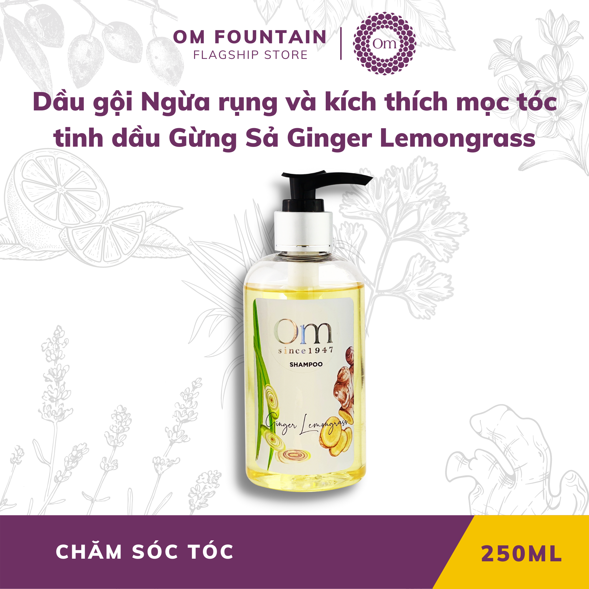 Dầu Gội Ngừa Rụng Và Kích Thích Mọc Tóc Tinh Dầu Gừng Sẻ & Sả Ginger Lemongrass 250ml – Om Fountain