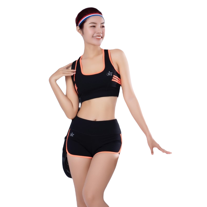 Bộ đồ Tập Thể Thao Nữ Quần đùi áo Bra Phối Viền Màu Dn106 Màu đen Viền Cam – Ansa Sport