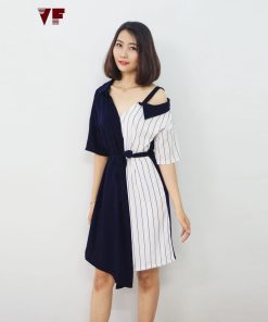 đầm Phối Sọc Thắt Nơ Eo Phối Xanh – Vanass