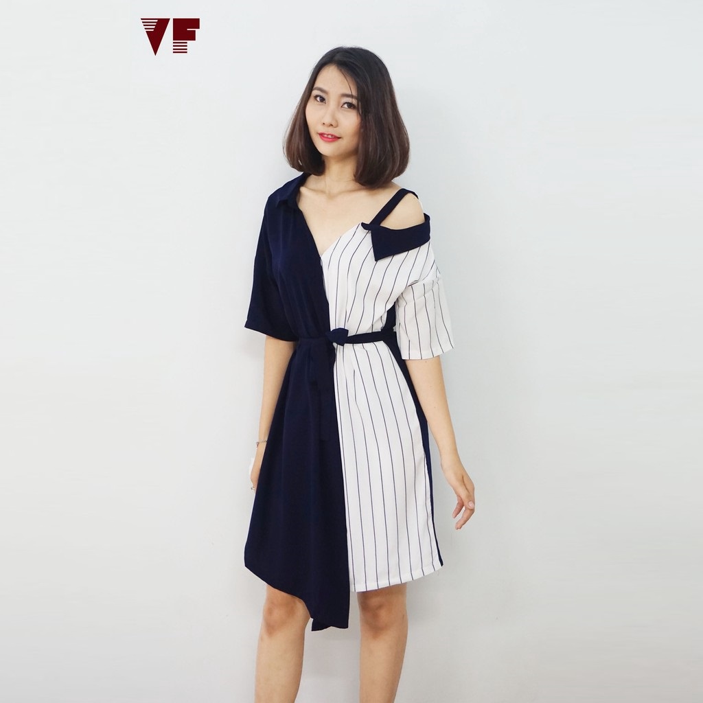 đầm Phối Sọc Thắt Nơ Eo Phối Xanh – Vanass