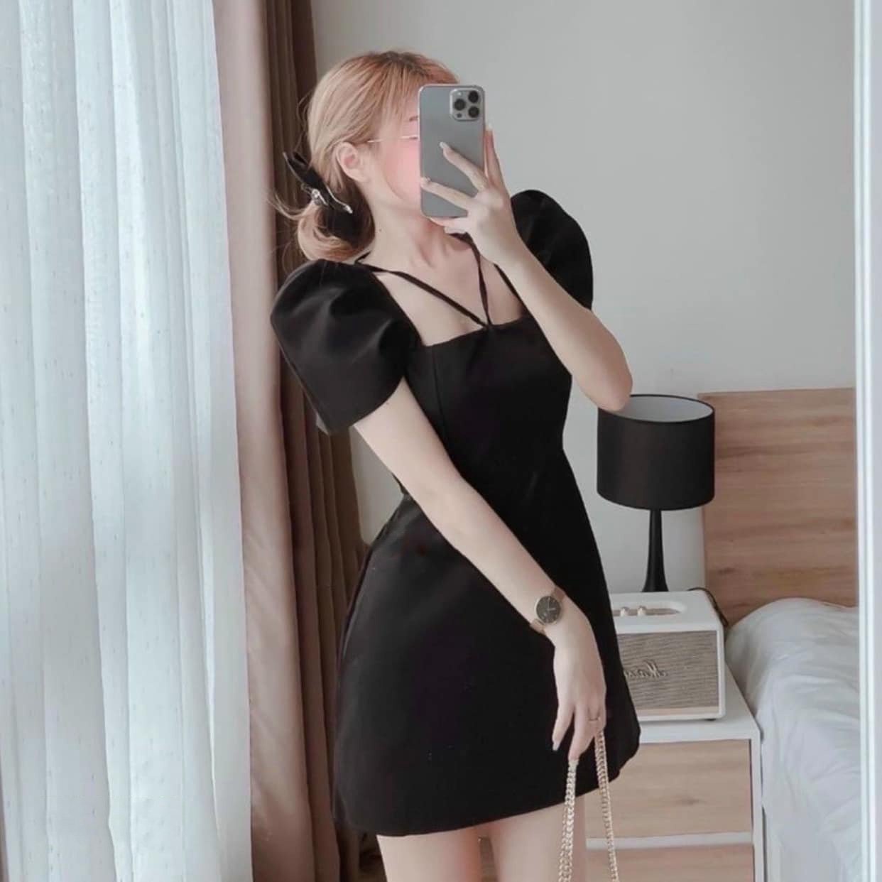đầm Chữ A Tay Bồng Cổ Vuông Sang Trọng Phối Dây Buộc Nơ Vd42 – Vanass