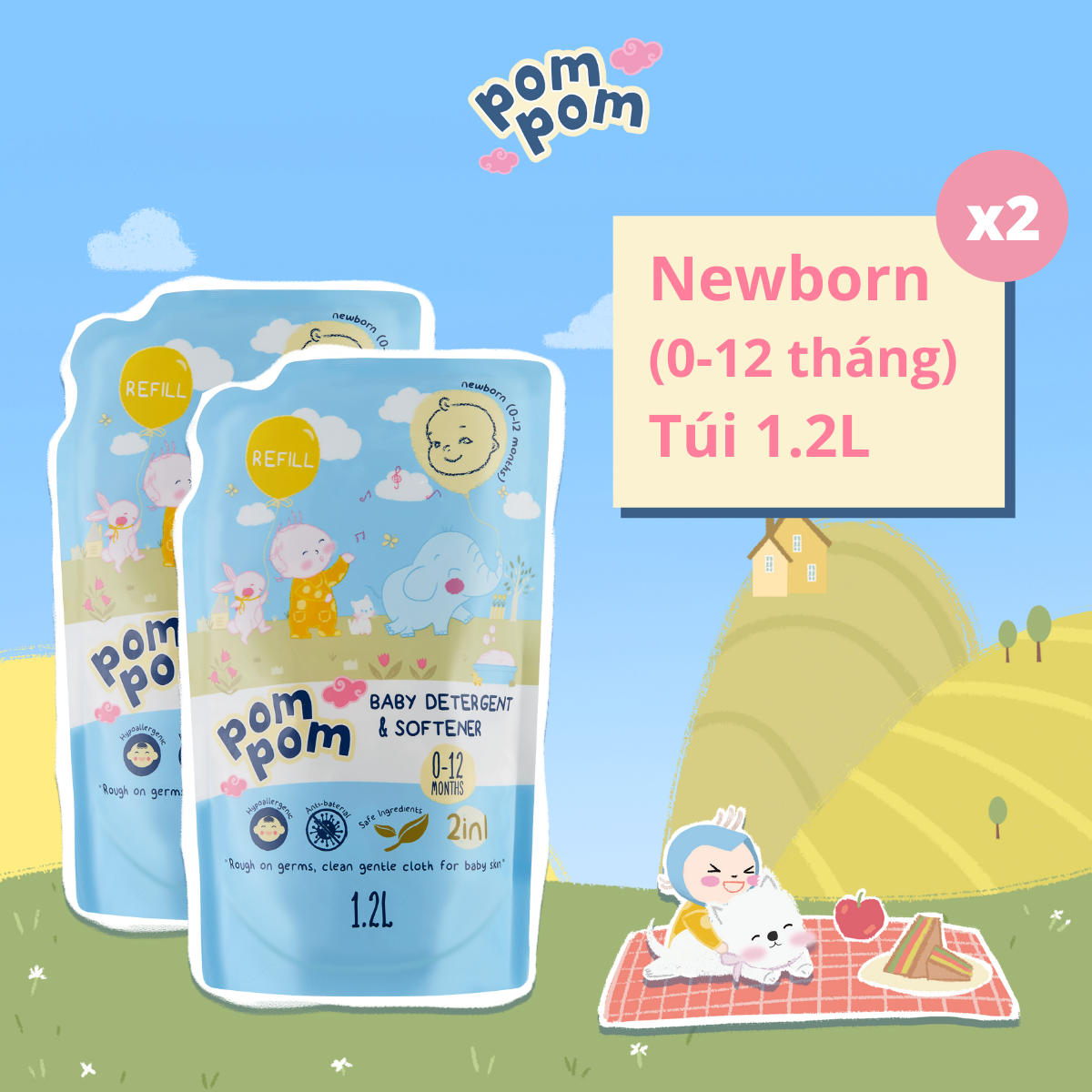 [combo Túi 1.2l]- Dành Cho Bé Sơ Sinh – Gel Giặt Xả 2in1 – Sạch Sâu Kháng Khuẩn – Khử Mùi Nôn Trớ, ọc Sữa, Tè Khai-lưu Hương Phấn Thơm Dịu Nhẹ-