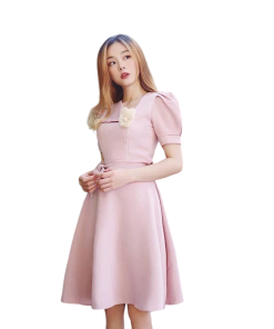đầm Xoè Cài Hoa Thắt Nơ Eo Cổ V Gấp – Vanass
