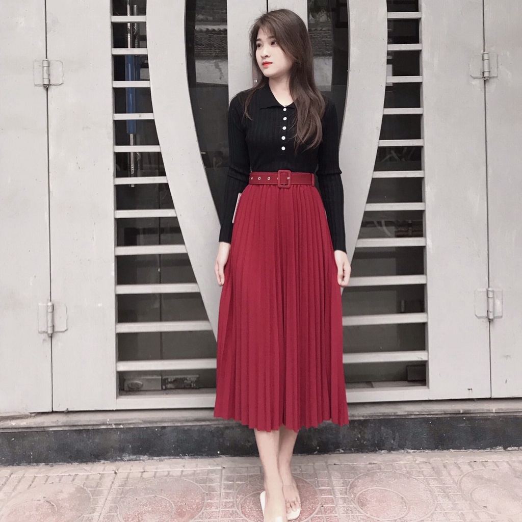 Chân Váy Xếp Ly Kèm đai Midi Vintage Dáng Công Sở Lưng Cao – Chipxinhxk