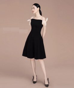 đầm Xòe đen Phối Nơ Nude Tay – Vanass
