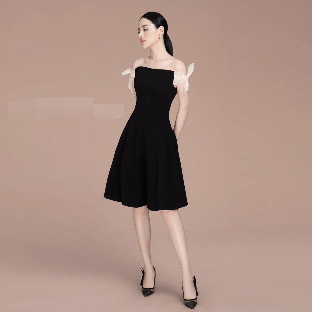 đầm Xòe đen Phối Nơ Nude Tay – Vanass