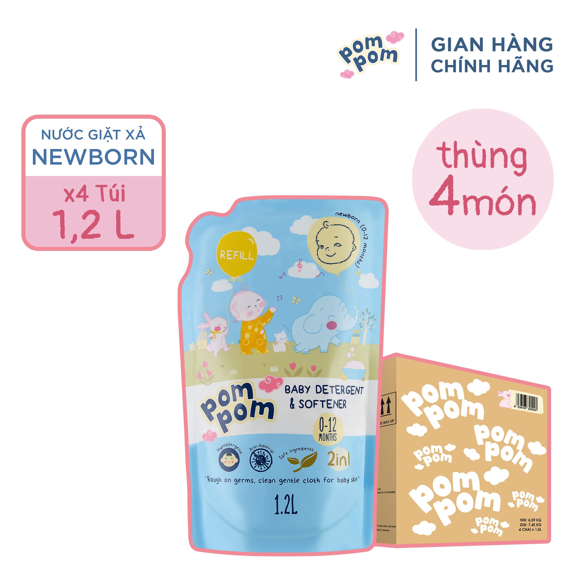 [thùng 4 Túi 1.2l] – Dành Cho Bé Sơ Sinh- Gel Giặt Xả 2in1- Sạch Sâu – Kháng Khuẩn – Khử Mùi Nôn Trớ, ọc Sữa, Tè Khai-lưu Hương Phấn Thơm Dịu Nhẹ