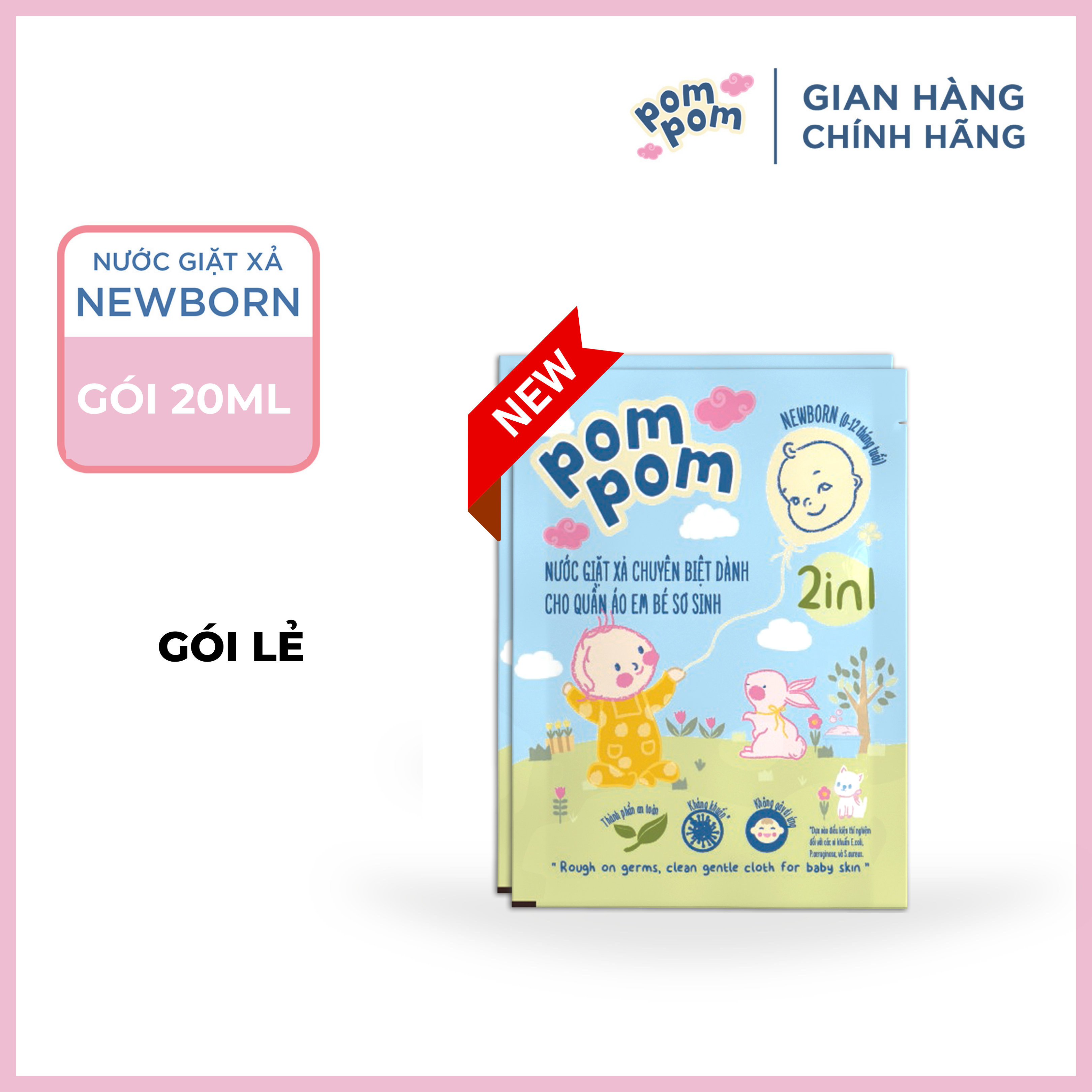 Dây 12 Gói – Dành Cho Bé Sơ Sinh – Gel Giặt Xả đậm đặc 2in1- Sạch Sâu Kháng Khuẩn – Khử Mùi Nôn Trớ, ọc Sữa, Tè Khai-lưu Hương Phấn Thơm Dịu Nhẹ