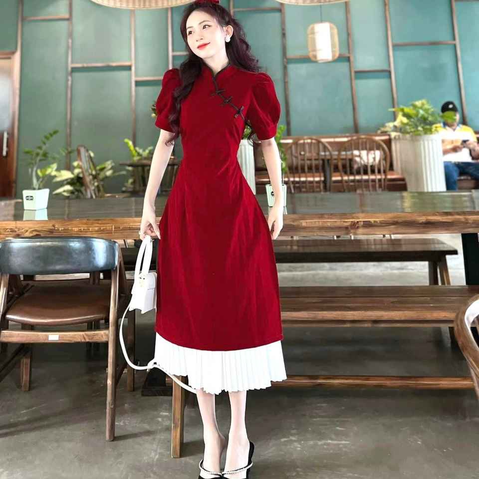 Set áo Dài Cách Tân Tay Phồng Cổ Tàu, Chân Váy Dập Ly Ct135d – Nana House