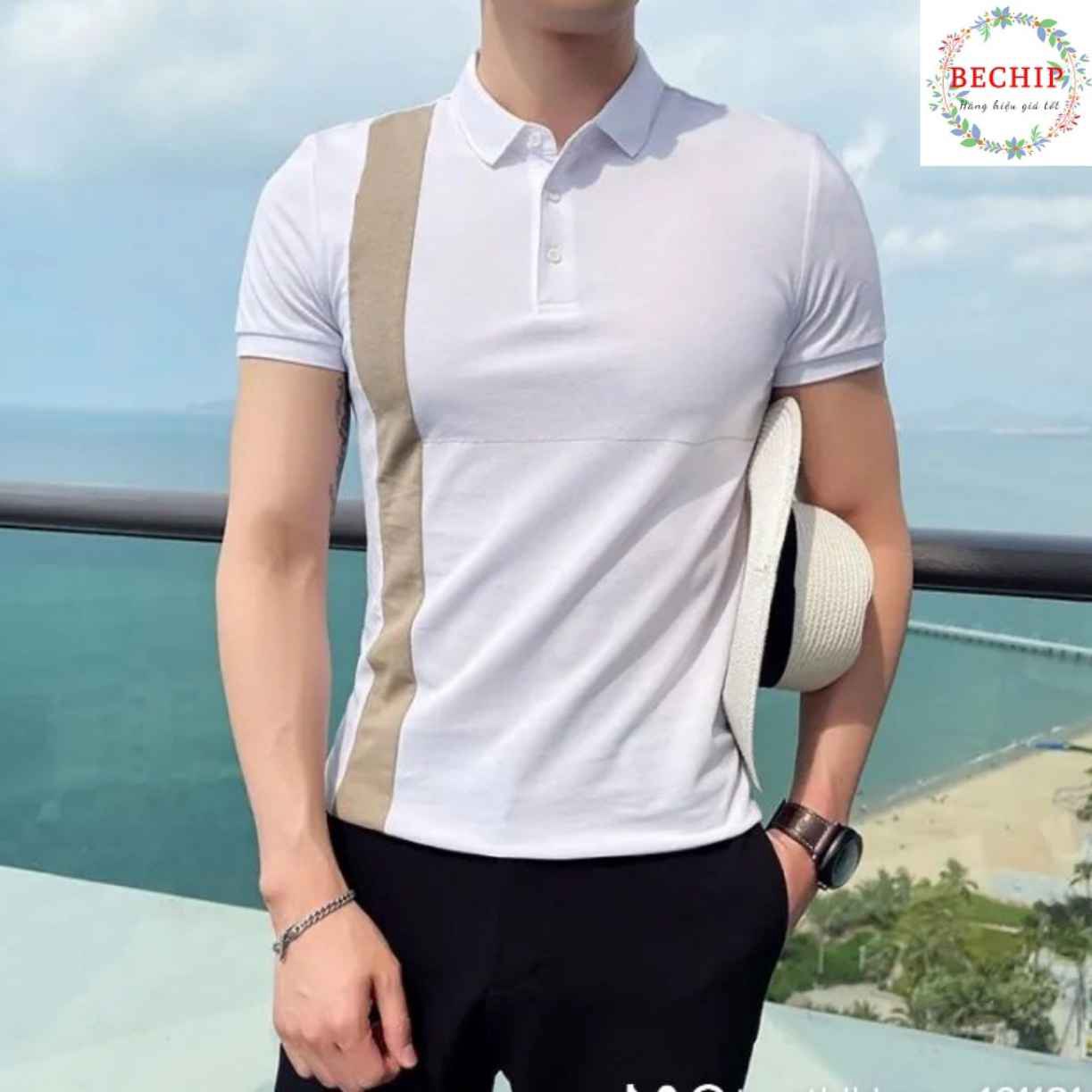 áo Phông Nam Ngắn Tay, Cổ Bẻ Phối Kẻ Dọc Thân áo Cao Cấp Ctb07- Bechip