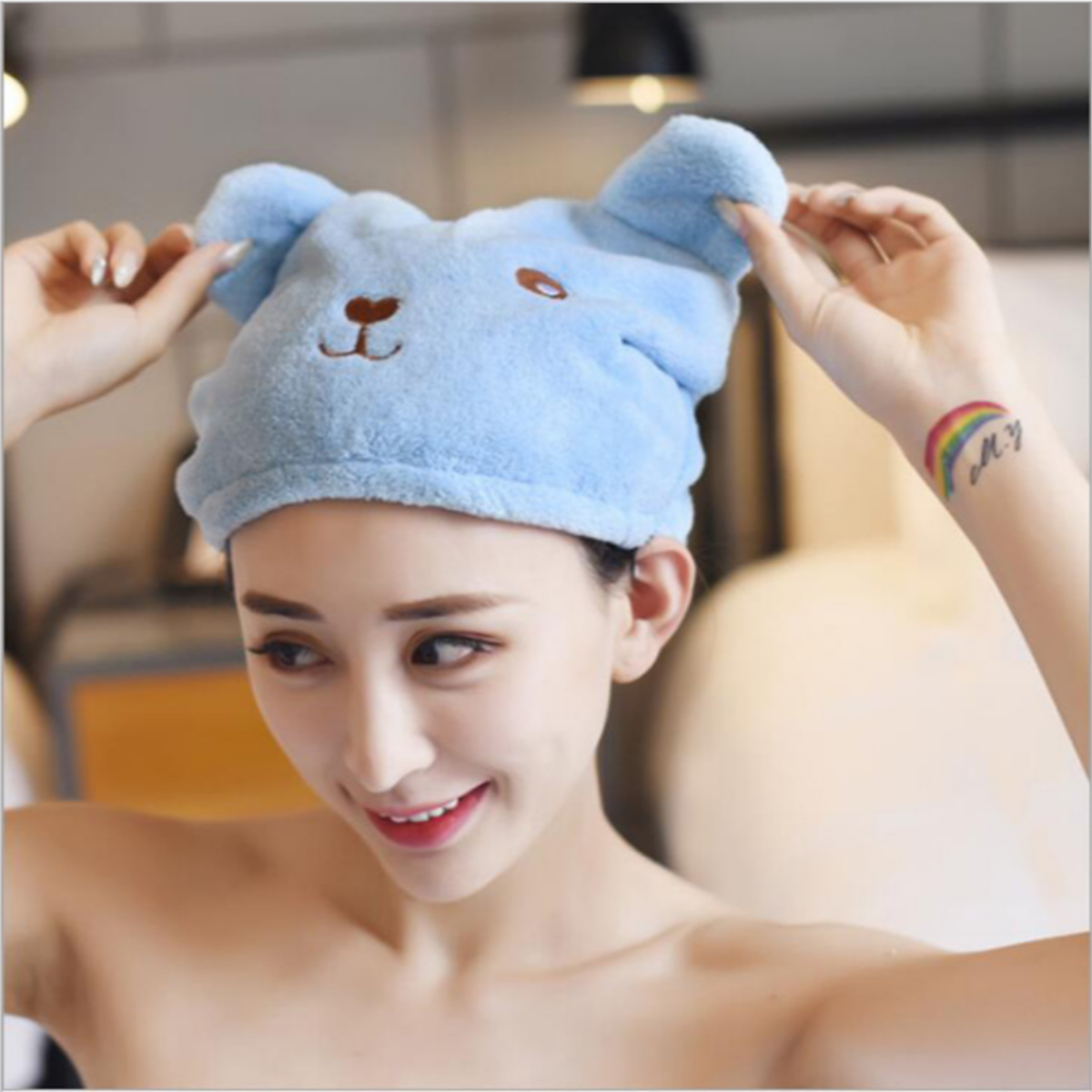Mũ Trùm đầu ủ Tóc Hình Gấu Siêu Tiện ích, Khăn Làm Khô Tóc Dạng Mũ đa Năng – Dmastore