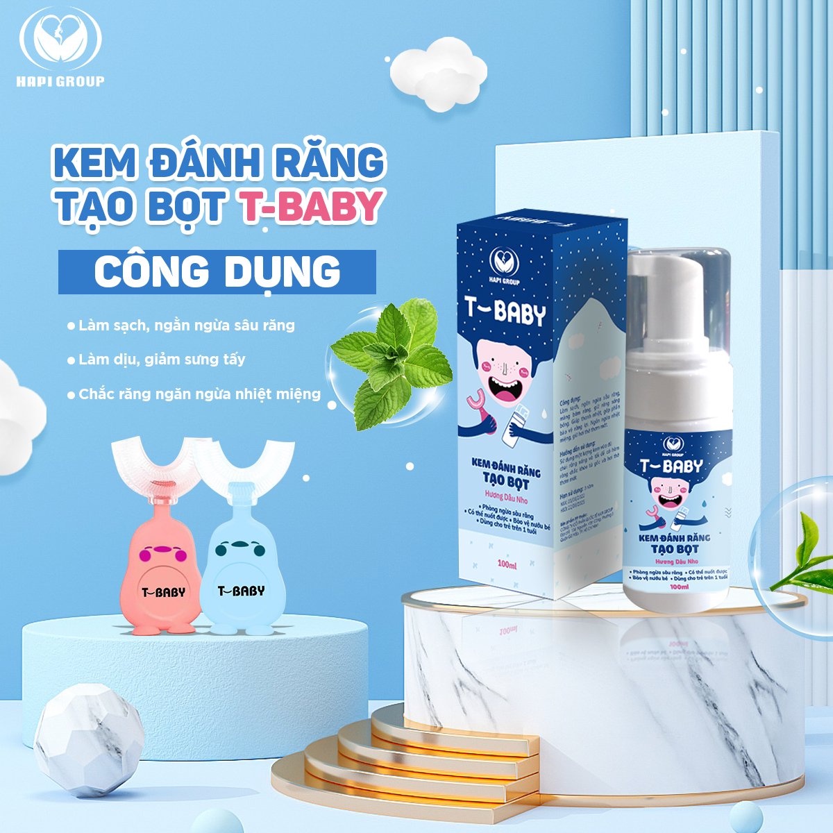 Combo Bọt đánh Răng T Baby & Bàn Chải Chữ U – Hapi