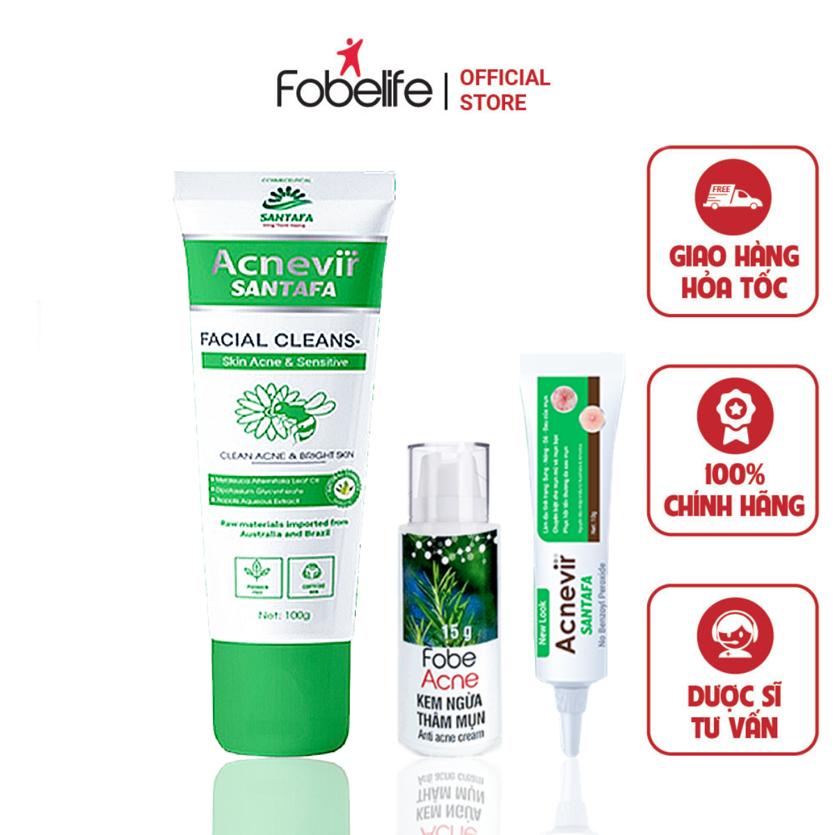 Combo Trị Mụn Sữa Rửa Mặt 100g + Kem Mụn Xanh 10g + Kem Trị Thâm 15g – Fobelife