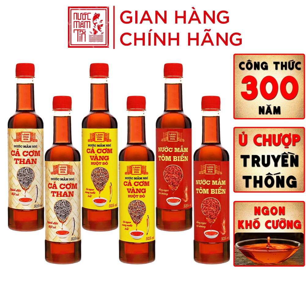 [thùng 6 Chai – 3 Vị] Nước Mắm Nhỉ Cá Cơm Than, Tôm Biển, Cá Cơm Ruột đỏ 525ml/chai Nhựa Cao Cấp – Làng Chài Xưa