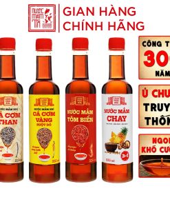 [combo 4 Chai – 4 Vị] Nước Mắm Nhỉ Cá Cơm Than, Tôm Biển, Cá Cơm Ruột đỏ, Chay 3 Trong 1 525ml/chai Nhựa – Làng Chài Xưa