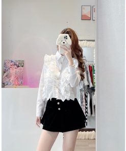áo Sơ Mi Nữ Dài Tay Phối Nhiều Lớp Ren Bèo Trước Ngực- Chipxinhxk