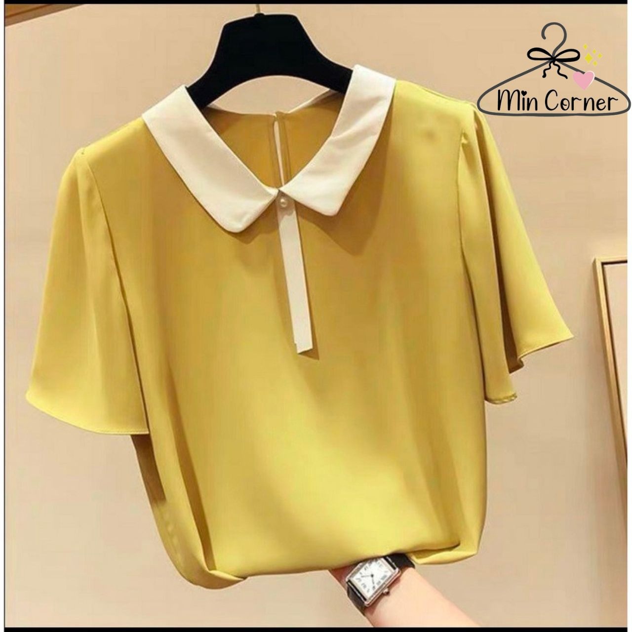 áo Sơ Mi Nữ Kiểu Hàn Quốc Cổ Phối Trắng Chất Tơ Cao Cấp Ms4 – Min Corner