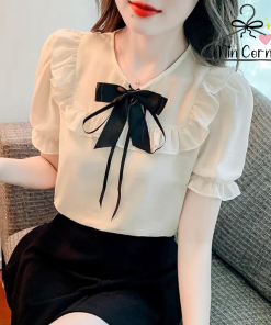 áo Sơ Mi Nữ Tay Ngắn đính Nơ Cổ Tròn Chất Voan Ms16 – Min Corner