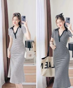 đầm Váy Polo Nữ Cổ Sơ Mi Thun Cotton ,tay Ngắn Sọc đen ,trắng Ct570 – Nana House