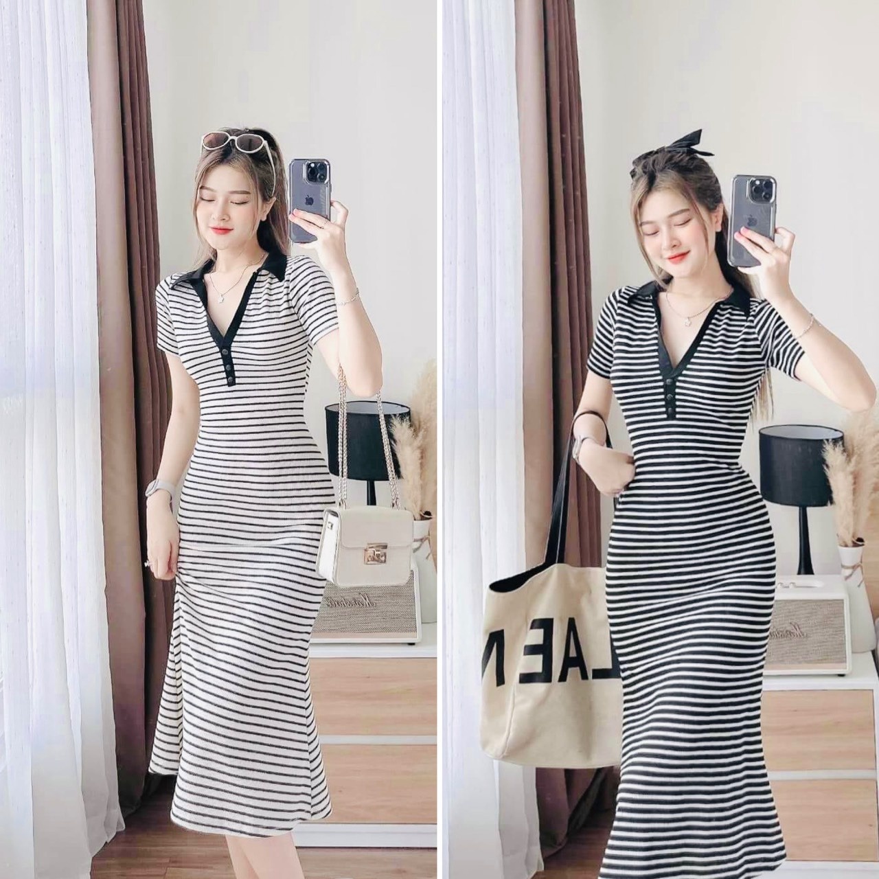 đầm Váy Polo Nữ Cổ Sơ Mi Thun Cotton ,tay Ngắn Sọc đen ,trắng Ct570 – Nana House
