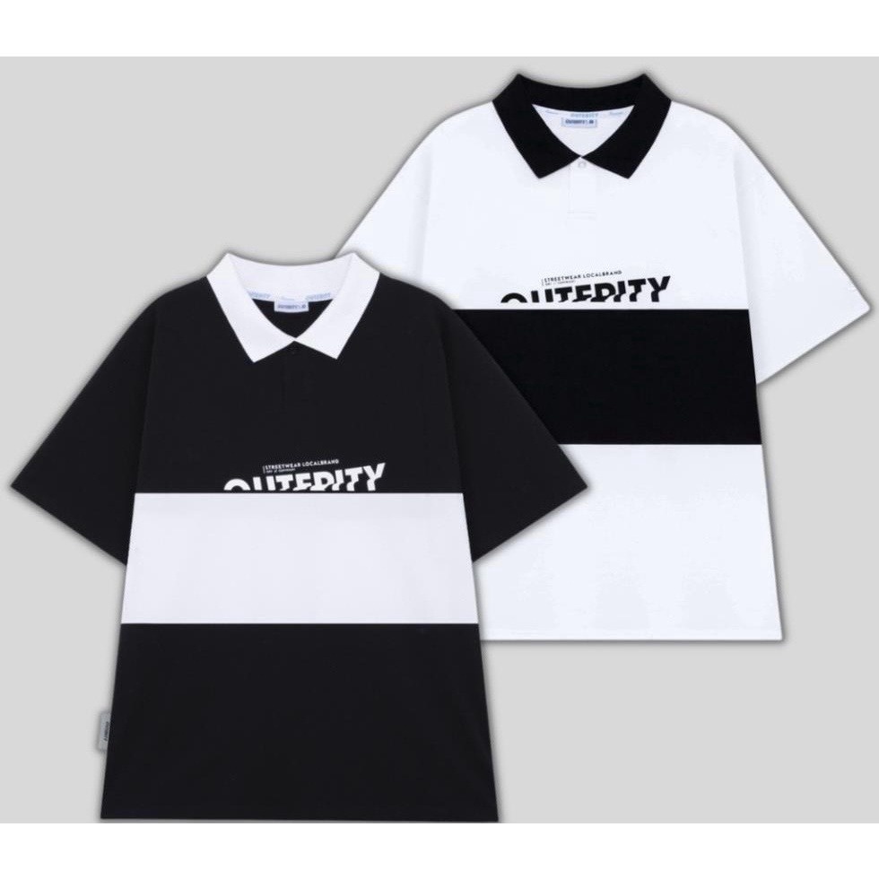 áo Polo Unisex, áo Thun Có Cổ Form Rộng Tay Lỡ Phối Màu đen Trắng