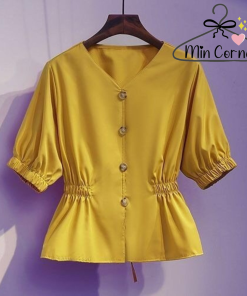áo Kiểu Nữ Cổ V Tay Phồng Cột Eo Chất Lụa Mịn Mát – Min Corner