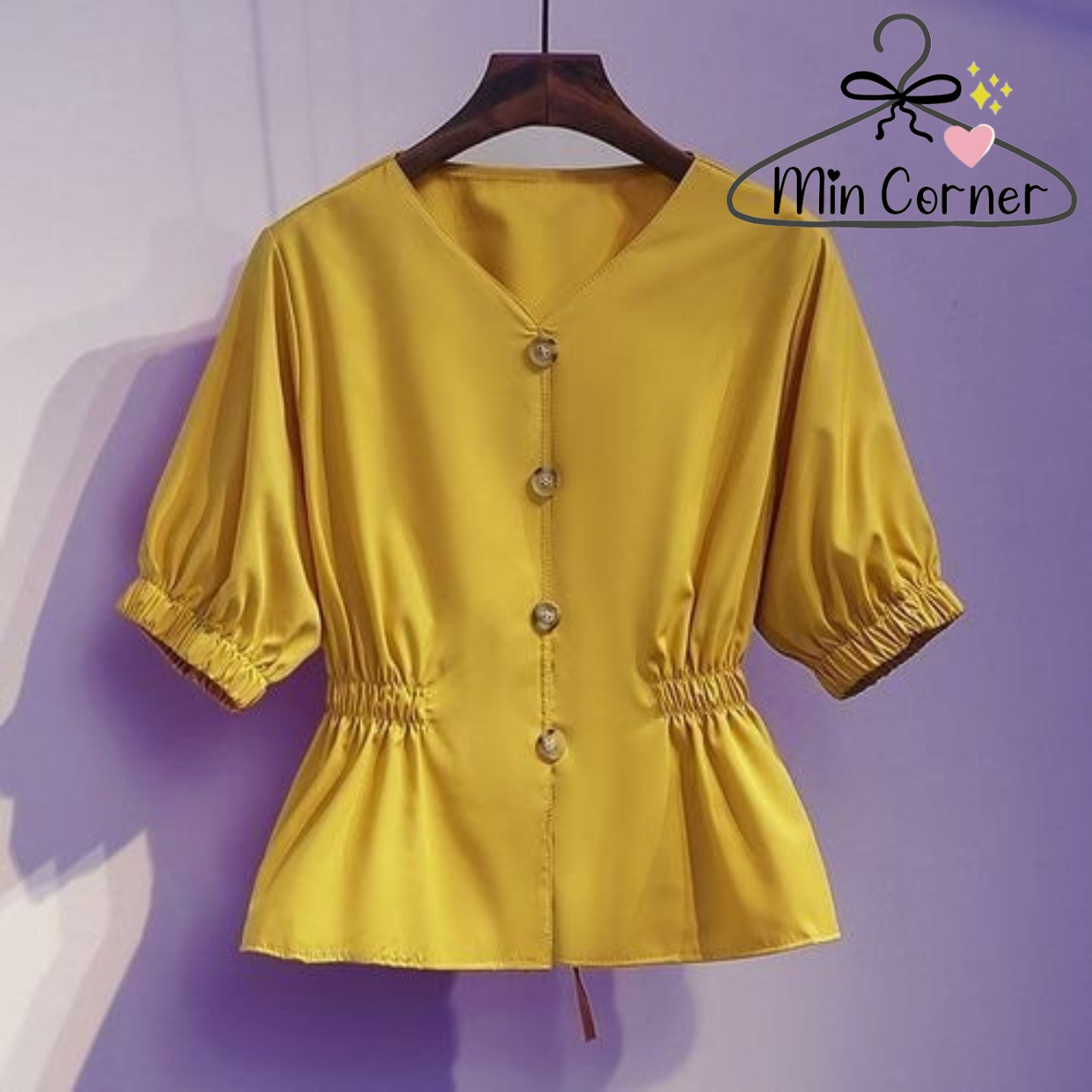 áo Kiểu Nữ Cổ V Tay Phồng Cột Eo Chất Lụa Mịn Mát – Min Corner