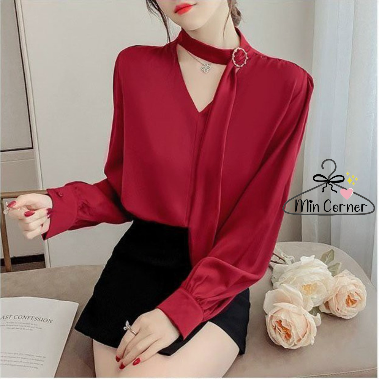 áo Sơ Mi Kiểu Nữ Tay Dài Phối Dây Choàng Cổ Siêu đẹp – Min Corner