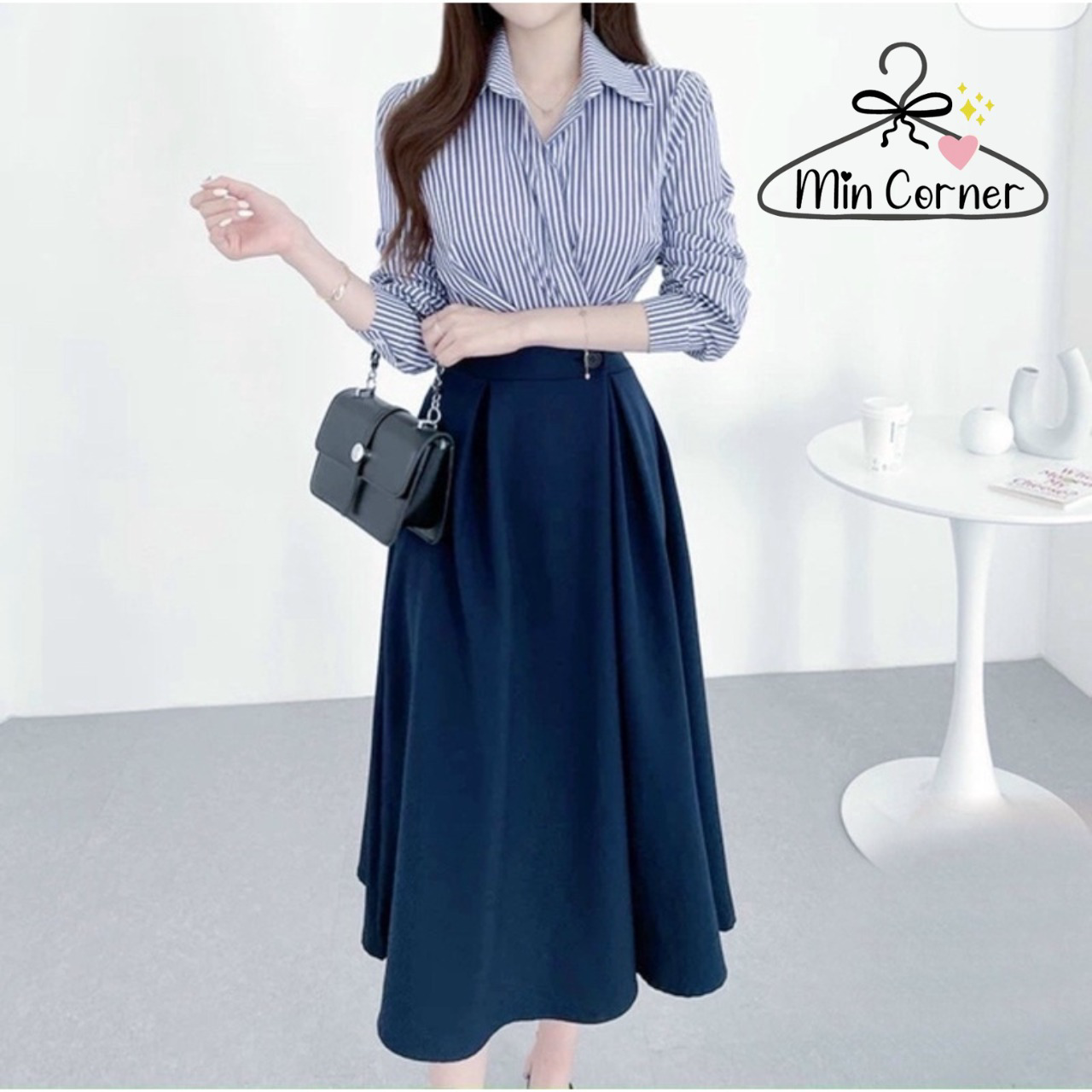 đầm Xanh Phối Sọc Giả Set Md36 – Min Corner