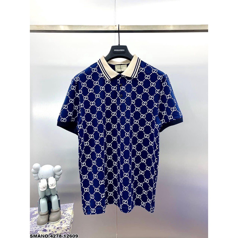 áo Polo Unisex, áo Thun Có Cổ Gucci 2 Màu Xanh Và đen Chất Cotton Su