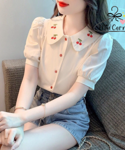 áo Sơ Mi Nữ Tay Ngắn Thêu Hình Cherry Cổ Sen Màu Be – Min Corner