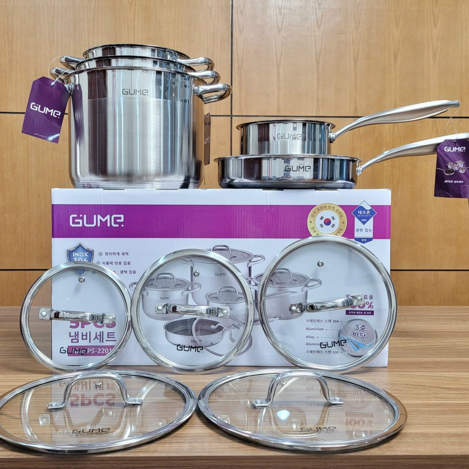 Bộ Nồi Chảo Inox 5 Món đáy 5 Lớp Gume Hàng Cao Cấp Hàn Quốc – Gume